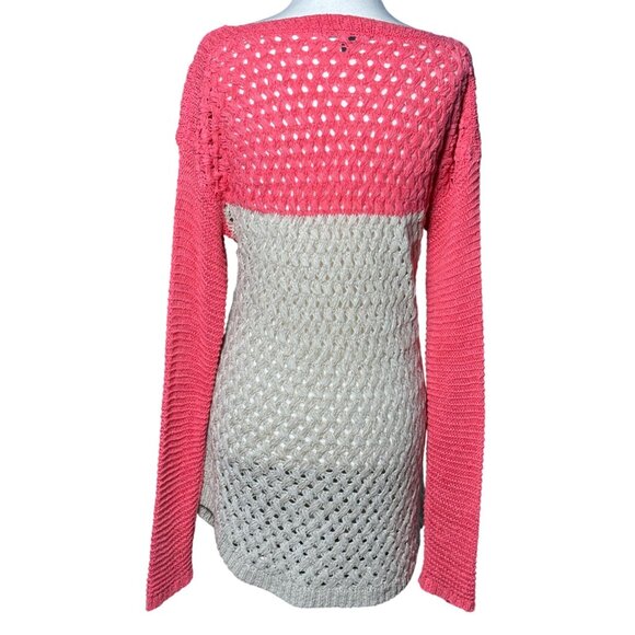NEW Fever Crochet Knit Pull Over Longline Tunic Top Sweater Womens L Pink Beige - Picture 4 of 12